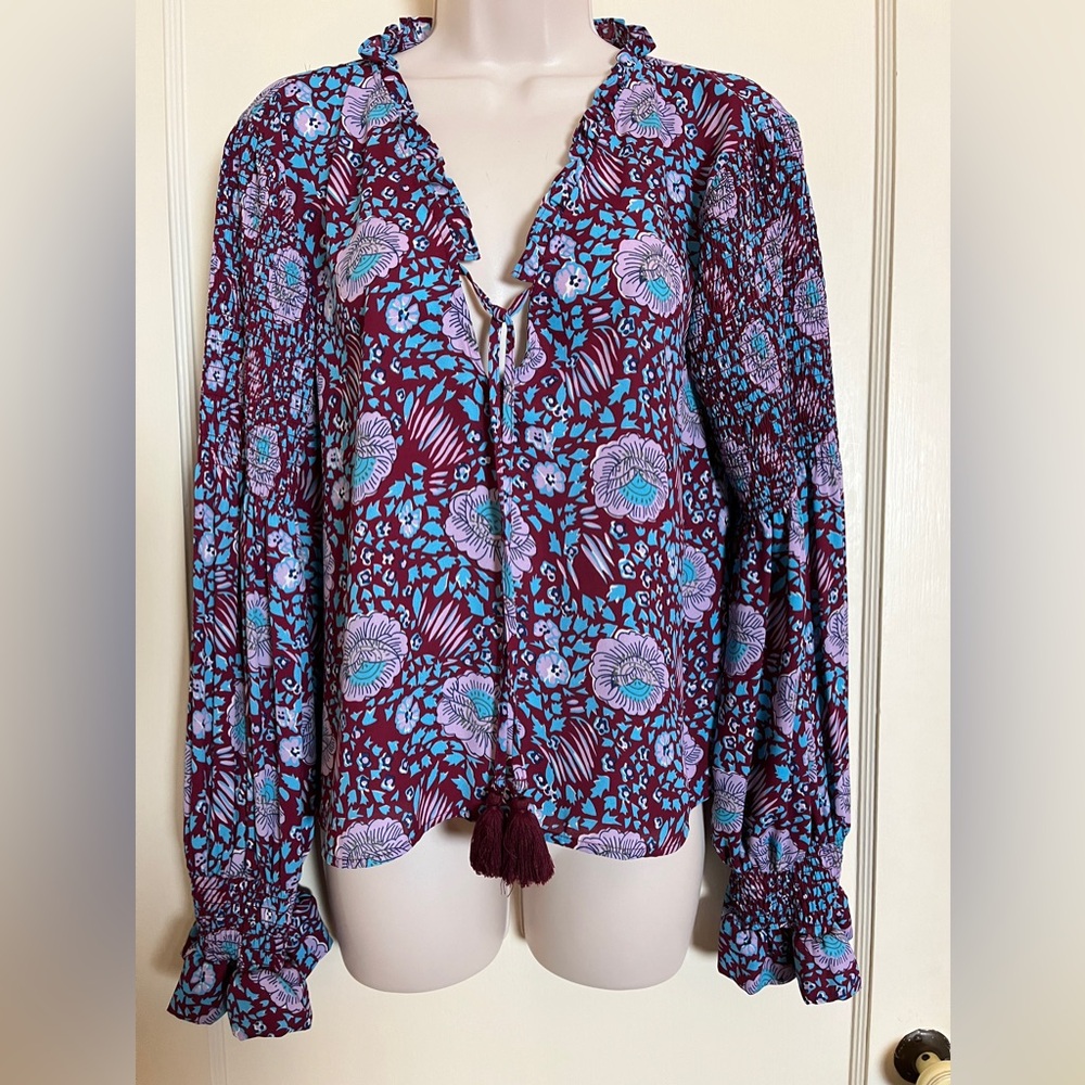 Rebecca Minkoff Floral Blouse with Shirred Elastic Sleeves and Tassel Ties